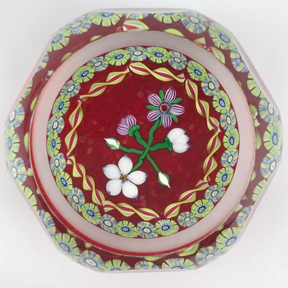 Perthshire 1986B Bouquet Lampwork Flower Millefiori Twist Facet Red Paperweight - Picture 1 of 14